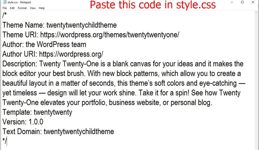 child theme style.css file code